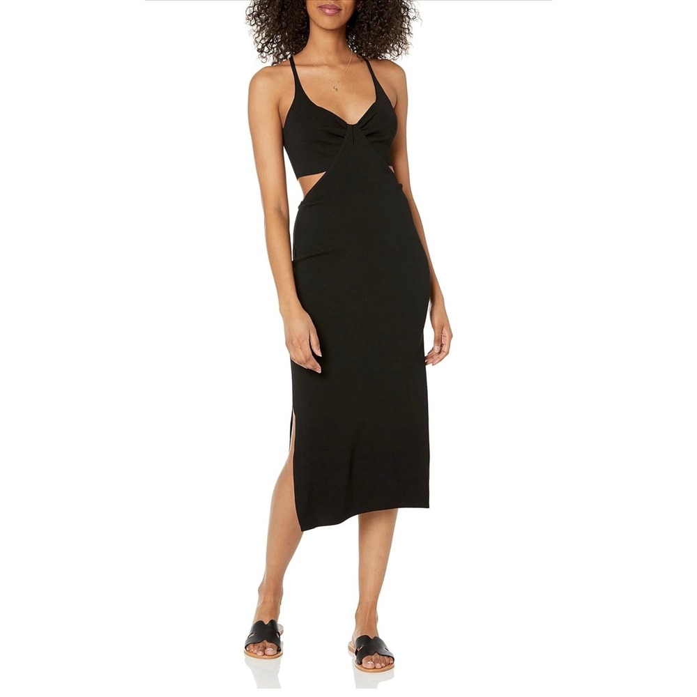 The Drop Women Black Ribbed Knit Twist Front Cutout Midi Dress XL NWT
